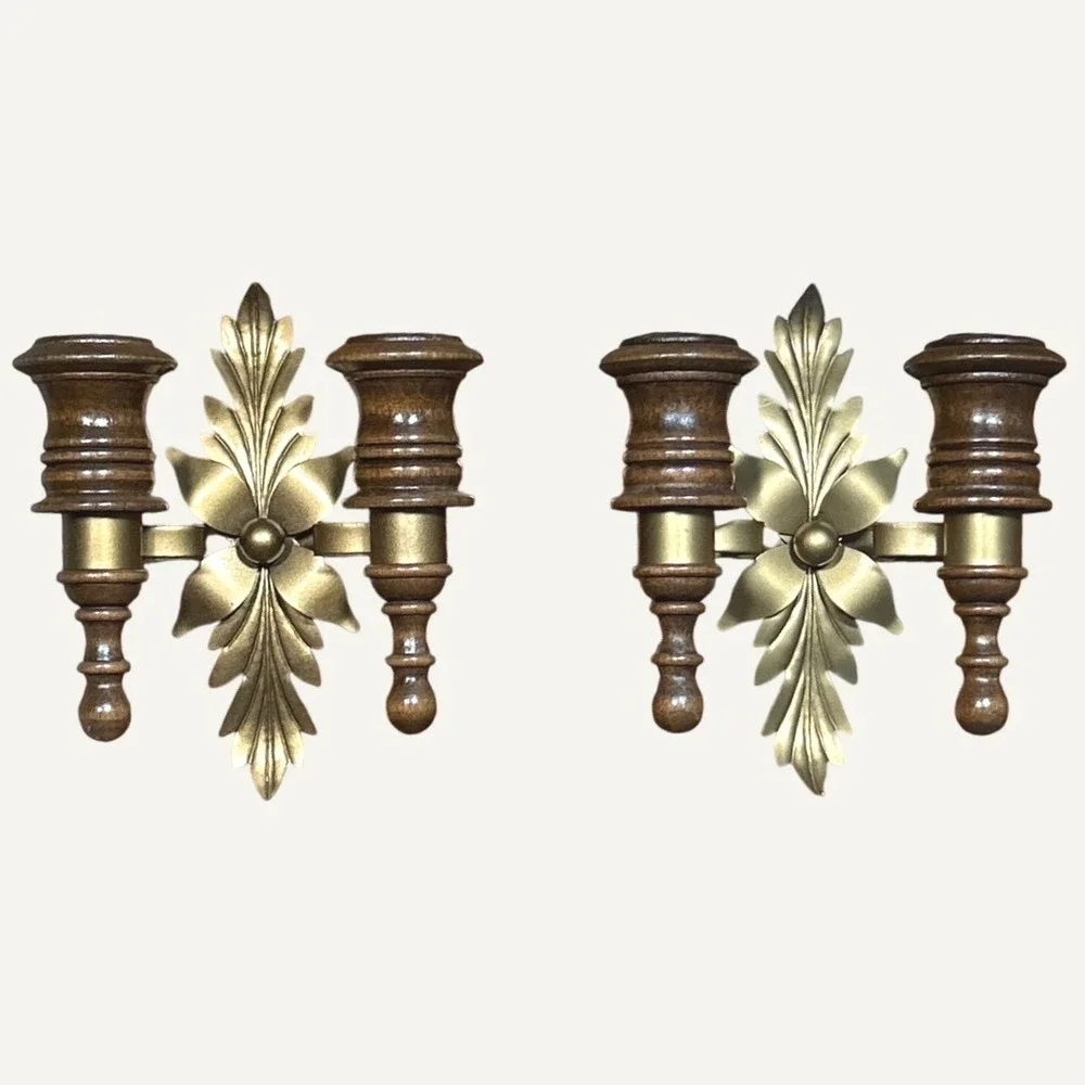 Vintage Pair Gold Metal Acanthus Leaf & Wood Double Wall Sconce Candle Holders